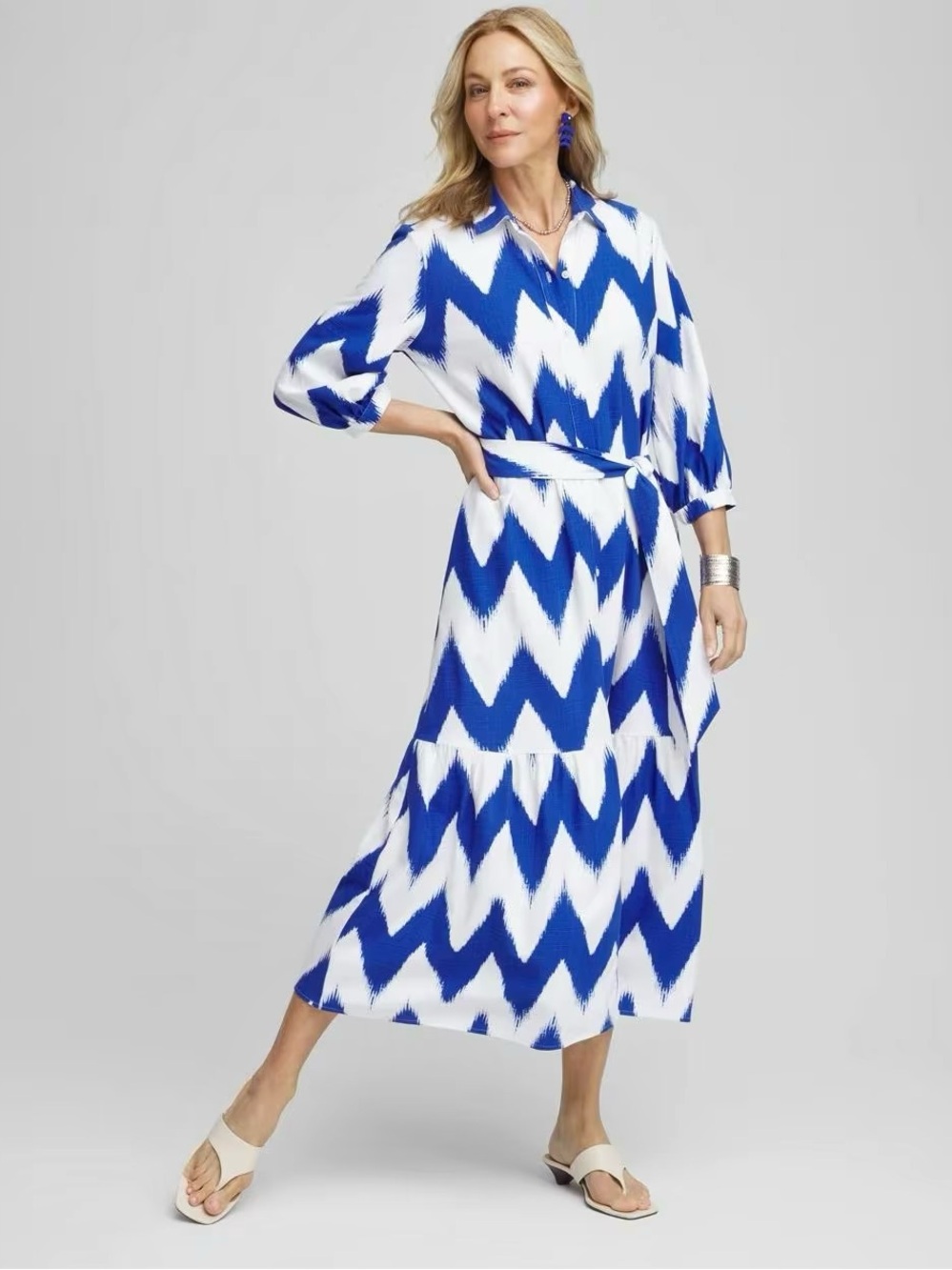 CHICO’S NWT 0 Chevron Striped Shirtdress Alabaster Blue Geo Print Shirt Dress 4